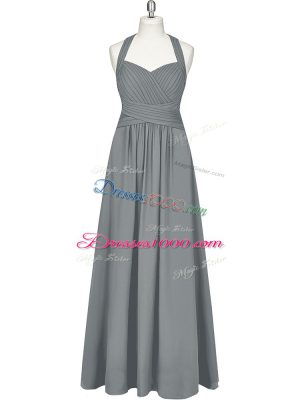 Grey Chiffon Zipper Halter Top Sleeveless Floor Length Ruching