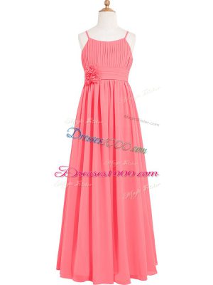 Sexy Pleated and Hand Made Flower Evening Dress Watermelon Red Zipper Sleeveless Floor Length