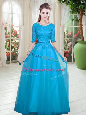 Blue Empire Lace Prom Dress Lace Up Tulle Half Sleeves Floor Length