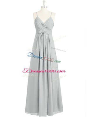 Shining Spaghetti Straps Sleeveless Prom Party Dress Floor Length Ruching Grey Chiffon
