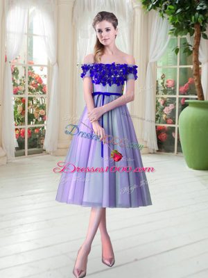 Custom Designed Sleeveless Tea Length Appliques Lace Up Prom Evening Gown with Lavender