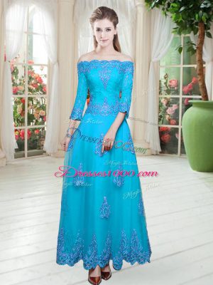 Sexy Floor Length Blue Prom Gown Off The Shoulder 3 4 Length Sleeve Lace Up