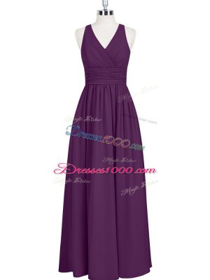 Eggplant Purple V-neck Zipper Ruching Prom Party Dress Sleeveless