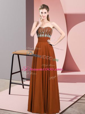 Brown Empire Chiffon Strapless Sleeveless Beading Floor Length Zipper Prom Dress