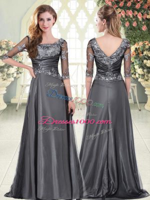 Grey Dress for Prom Sweetheart Half Sleeves Sweep Train Zipper