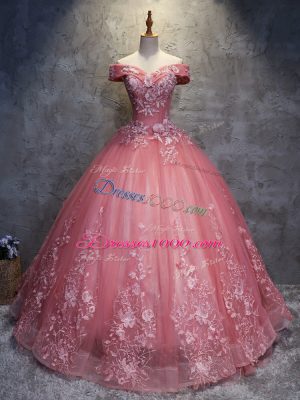 Fashionable Watermelon Red Sleeveless Tulle Lace Up Sweet 16 Quinceanera Dress for Military Ball and Sweet 16 and Quinceanera