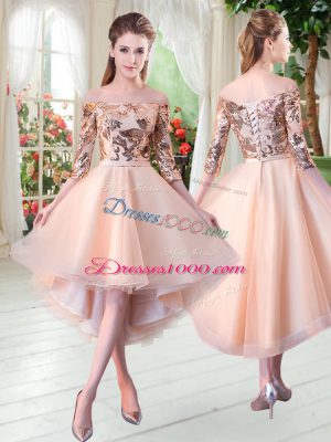 Enchanting Peach 3 4 Length Sleeve Sequins High Low Dress for Prom