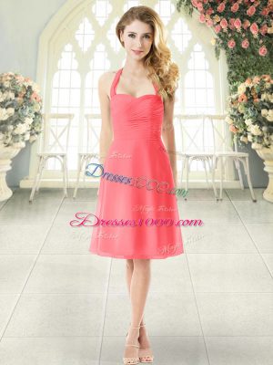 Cute Watermelon Red Empire Halter Top Sleeveless Chiffon Knee Length Zipper Ruching Homecoming Dress