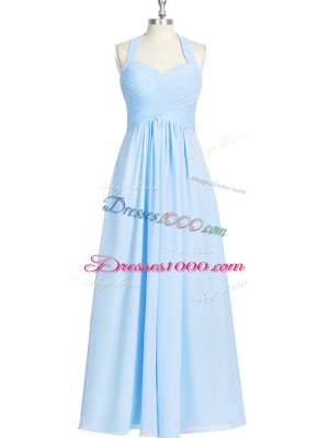 Blue Zipper Prom Dress Ruching Sleeveless Floor Length