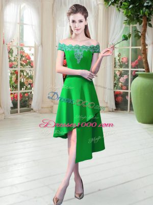 Satin Off The Shoulder Sleeveless Zipper Appliques Prom Evening Gown in Green