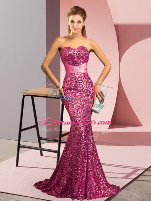 Glittering Pink Backless Prom Evening Gown Beading Sleeveless Sweep Train