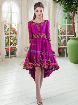 Purple A-line Embroidery Prom Dress Lace Up Tulle Long Sleeves High Low