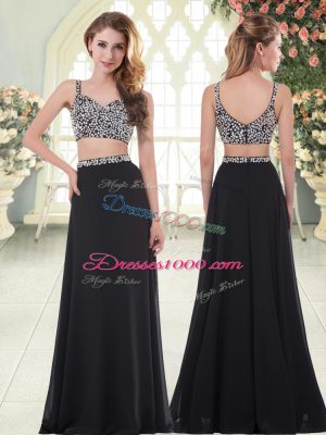 Black Straps Zipper Beading Prom Dresses Sleeveless