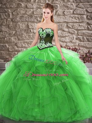 Green Tulle Lace Up Sweetheart Sleeveless Floor Length Ball Gown Prom Dress Beading and Embroidery