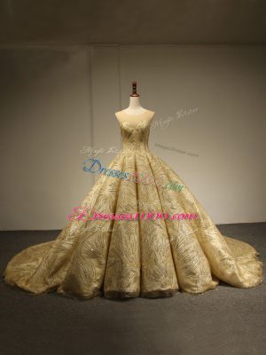 Wonderful Gold Ball Gowns Scoop Sleeveless Sequins Lace Up Sweet 16 Dresses Brush Train