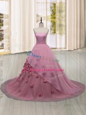 Sexy Pink Lace Up Quinceanera Gowns Hand Made Flower Sleeveless Brush Train