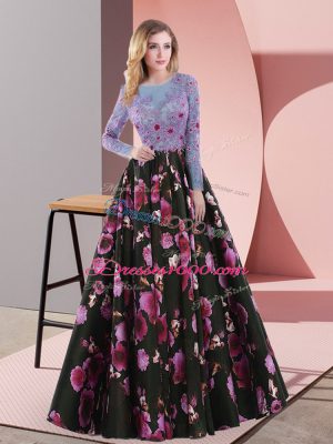 Multi-color Printed Lace Up Scoop Long Sleeves Floor Length Prom Party Dress Embroidery