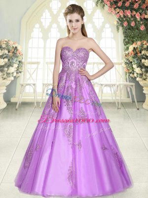 Lilac A-line Sweetheart Sleeveless Tulle Floor Length Lace Up Appliques Prom Party Dress