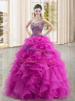 Sweetheart Sleeveless Quinceanera Gown Floor Length Beading and Ruffles Fuchsia Organza