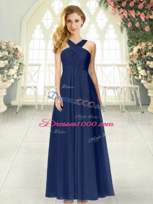 Navy Blue Zipper Straps Ruching Prom Dress Chiffon Sleeveless