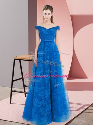 Smart Off The Shoulder Sleeveless Prom Gown Floor Length Beading Blue