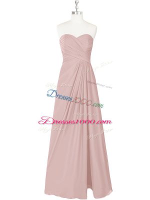 Adorable Sweetheart Sleeveless Dress for Prom Floor Length Ruching Pink Chiffon