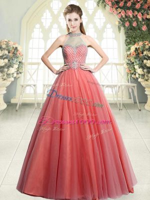 Fashion Watermelon Red A-line Tulle Halter Top Sleeveless Beading Floor Length Zipper Dress for Prom