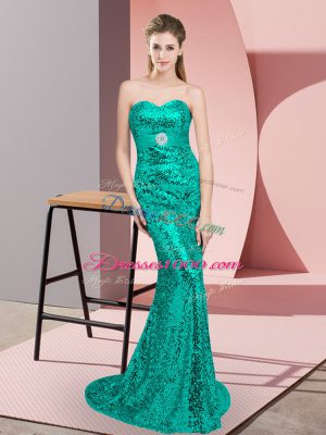 Turquoise Column/Sheath Sequined Scoop Sleeveless Beading Lace Up Prom Evening Gown Sweep Train