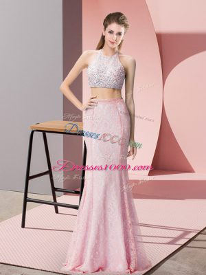 Pink Halter Top Neckline Beading Sleeveless Backless