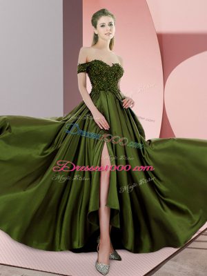 Olive Green Backless Prom Evening Gown Beading Sleeveless Sweep Train