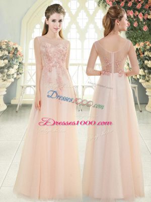 Floor Length Pink Evening Dress Tulle Sleeveless Beading and Lace and Appliques