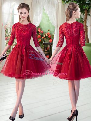 Wine Red A-line Lace Prom Dress Zipper Tulle Half Sleeves Knee Length