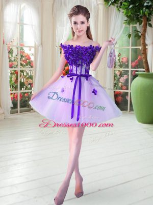 Artistic A-line Prom Party Dress Lavender Off The Shoulder Tulle Sleeveless Mini Length Lace Up