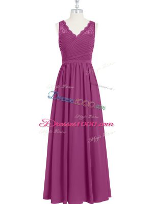 Fuchsia Empire Chiffon V-neck Sleeveless Lace and Ruching Floor Length Backless Formal Dresses