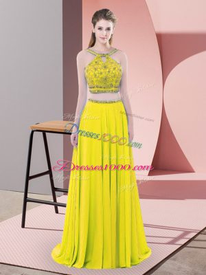 Romantic Yellow Two Pieces Beading Evening Dress Backless Chiffon Sleeveless