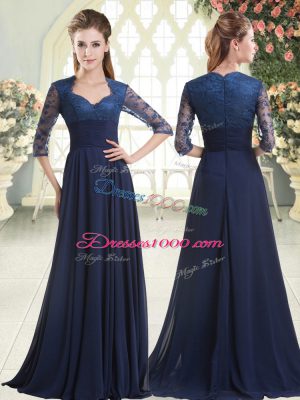 Satin Sweetheart Long Sleeves Sweep Train Zipper Pick Ups Prom Dress in Blue