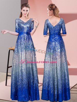 Adorable Empire Prom Dress Royal Blue V-neck Sequined Half Sleeves Floor Length Zipper