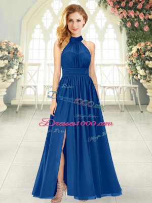 Blue Chiffon Zipper Prom Evening Gown Sleeveless Ankle Length Ruching