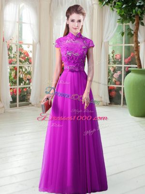 Purple A-line Tulle High-neck Cap Sleeves Appliques and Belt Floor Length Lace Up Evening Dress
