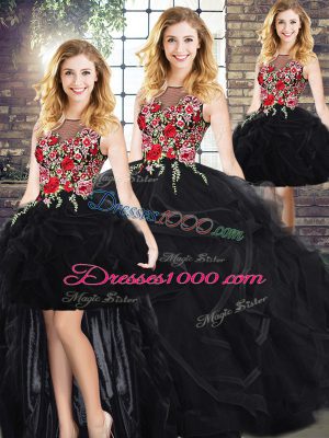 Discount Scoop Sleeveless Sweet 16 Quinceanera Dress Floor Length Embroidery and Ruffles Black