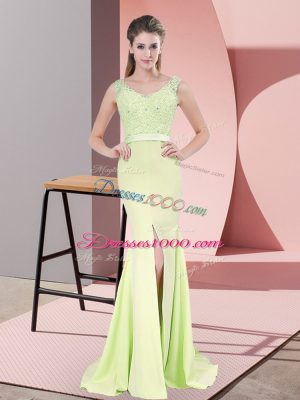Wonderful Beading and Lace Evening Gowns Yellow Green Zipper Sleeveless Sweep Train