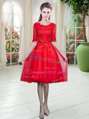 Red Half Sleeves Lace Knee Length Evening Dress