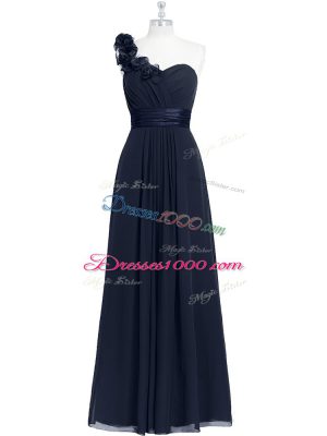 Deluxe Floor Length Black Prom Evening Gown One Shoulder Sleeveless Zipper