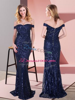 Eye-catching Navy Blue Zipper Off The Shoulder Ruching Evening Dress Sequined Sleeveless
