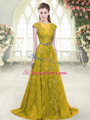 Extravagant Sweep Train A-line Homecoming Dress Gold Scoop Tulle Cap Sleeves Zipper