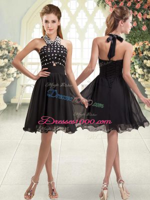 Gorgeous Halter Top Sleeveless Evening Dress Mini Length Beading Black Chiffon