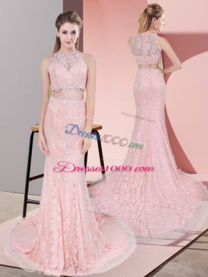 Pink Prom Dresses Lace Court Train Sleeveless Beading