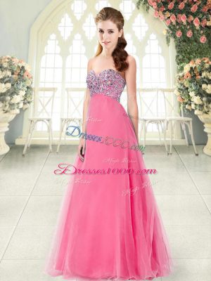 Hot Pink Lace Up Dress for Prom Beading Sleeveless Floor Length