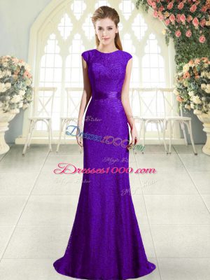 Modest Scoop Sleeveless Prom Party Dress Sweep Train Beading Dark Purple Lace