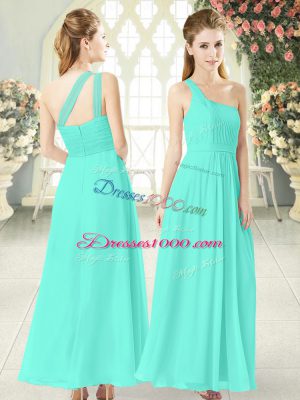 Aqua Blue Zipper One Shoulder Ruching Evening Dress Chiffon Sleeveless